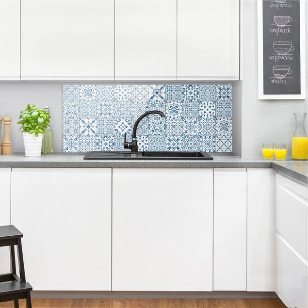 Glass splashback kitchen tiles Pattern Tiles Blue White