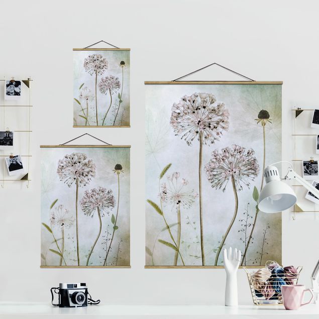 Fabric print with posters hangers Allium flowers in pastel