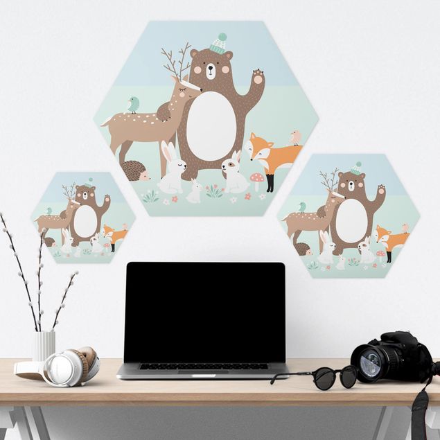 Hexagon shape pictures Forest Friends with forest animals blue