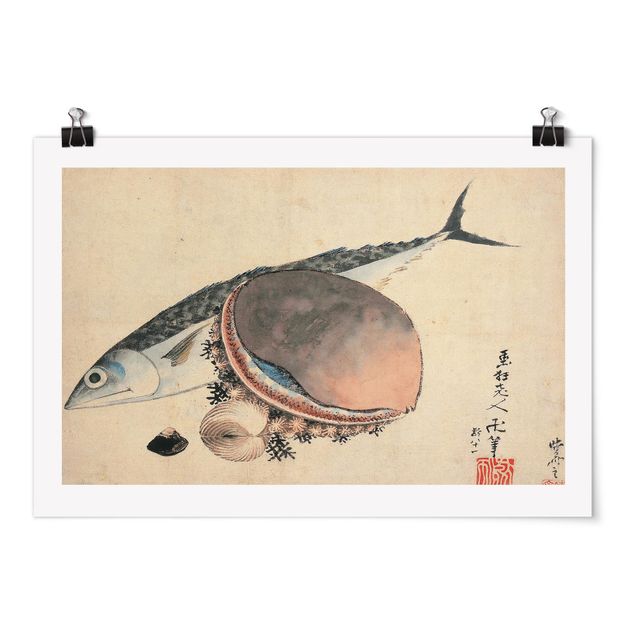 Art posters Katsushika Hokusai - Mackerel and Sea Shells