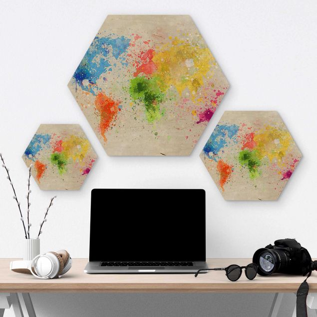 Wooden hexagon - Colourful Splodges World Map