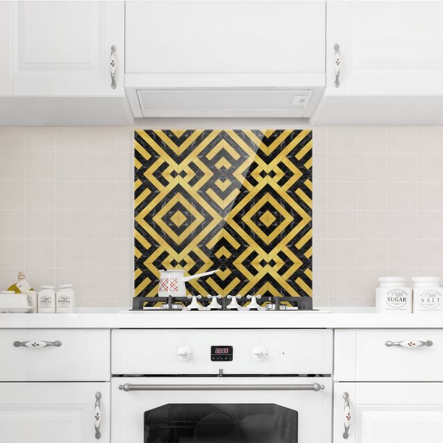 Glass splashback kitchen tiles Geometrical Tile Mix Art Deco Gold Black Marble