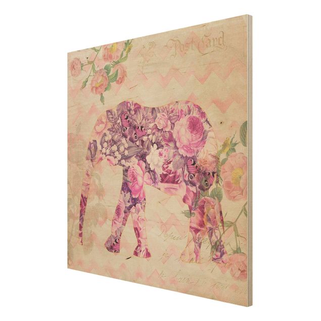 Vintage wood prints Vintage Collage - Pink Flowers Elephant