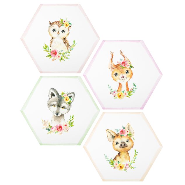 Flower print Watercolour Forest Animals With Flowers Set IV