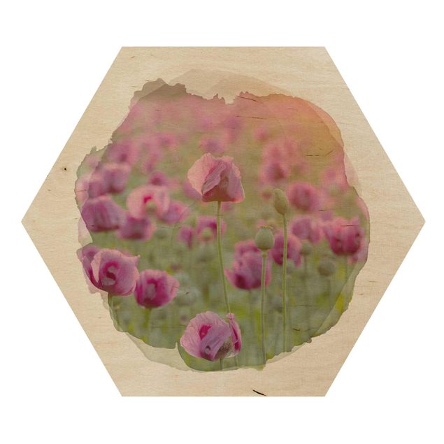 Prints on wood WaterColours - Violet Poppy Flowers Meadow In Spring