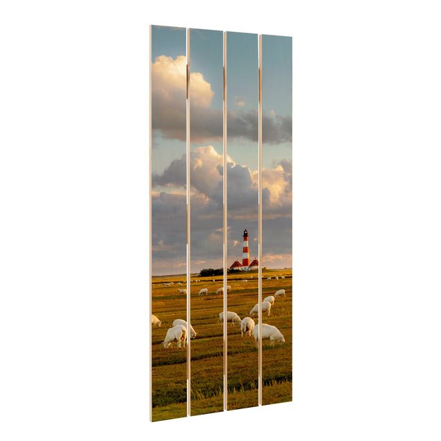 Prints North Sea Lighthouse With Flock Of Sheep