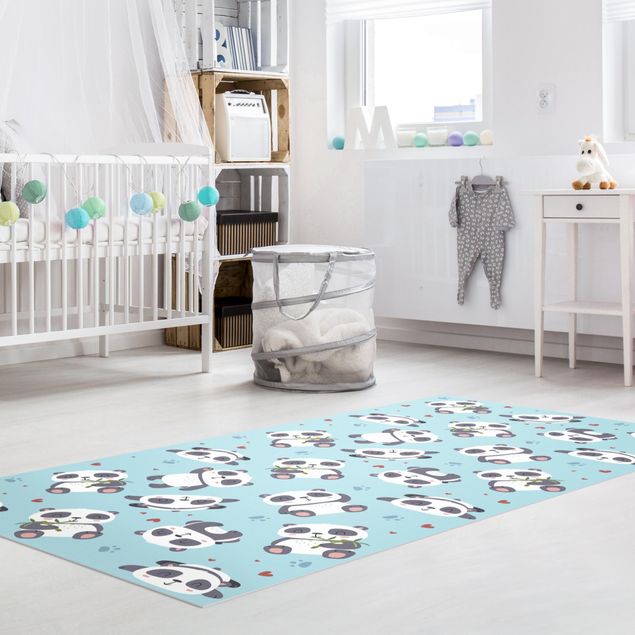 Nursery decoration Cute Panda With Paw Prints And Hearts Pastel Blue