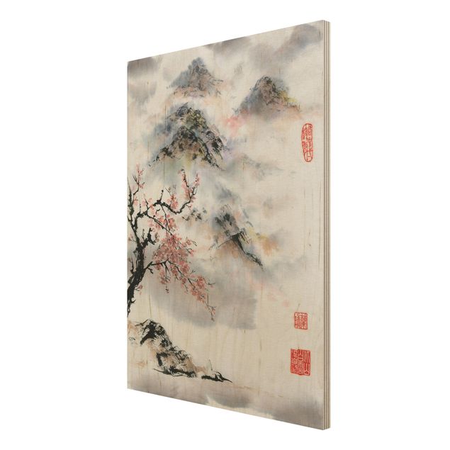 Wood prints landscape Japanese Watercolour Drawing Cherry Tree And Mountains