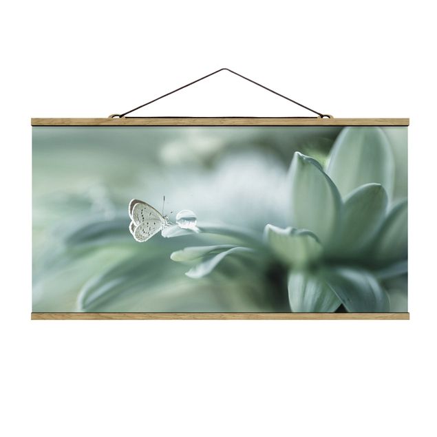Floral canvas Butterfly And Dew Drops In Pastel Green