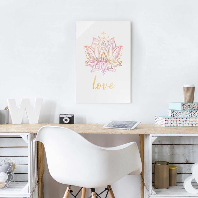 Glass prints sayings & quotes Lotus Illustration Love Gold Light Pink