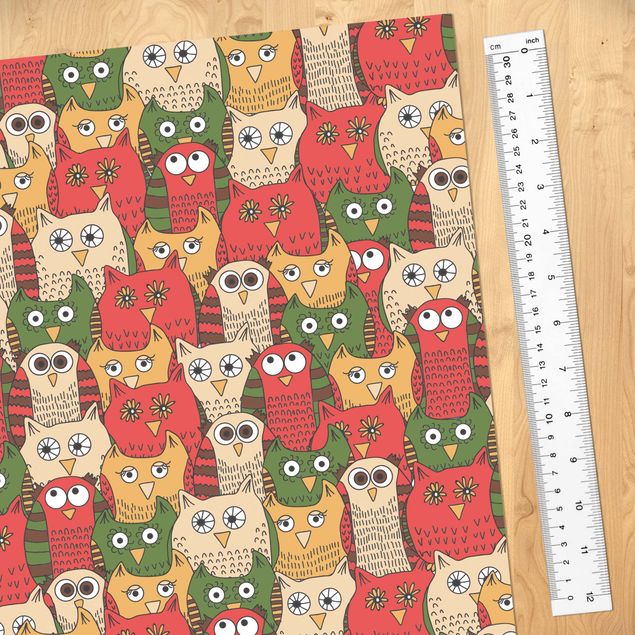 Adhesive films red Pattern With Funny Owls Red