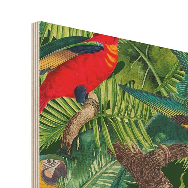 Prints on wood Colourful Collage - Parrots In The Jungle