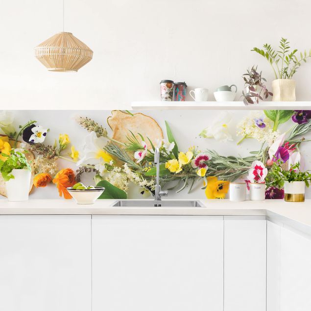 Kitchen splashback spices and herbs Fresh Herbs With Edible Flowers