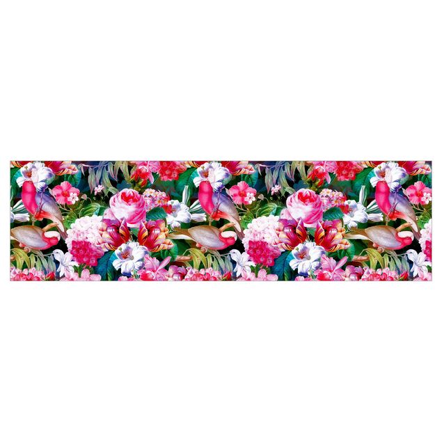 Self adhesive film Colourful Tropical Flowers With Birds Pink