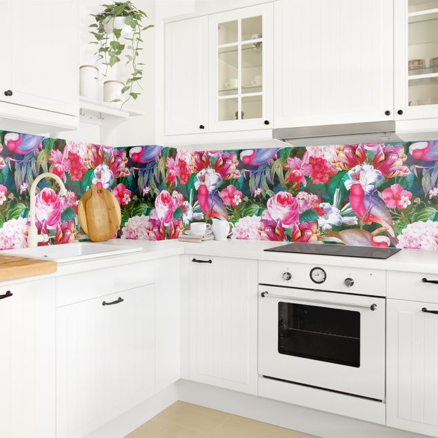 Kitchen splashback patterns Colourful Tropical Flowers With Birds Pink