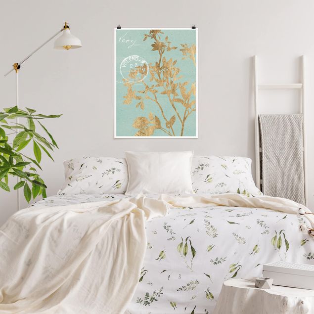 Prints quotes Golden Leaves On Turquoise II