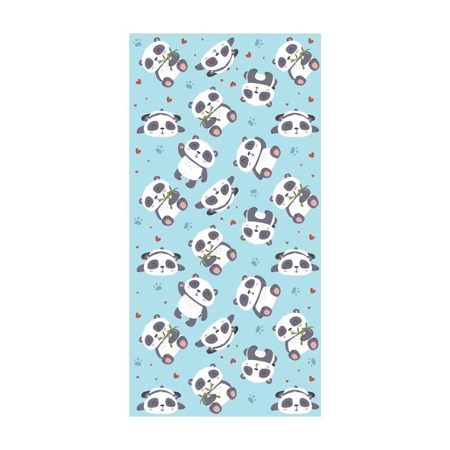Runner rugs Cute Panda With Paw Prints And Hearts Pastel Blue