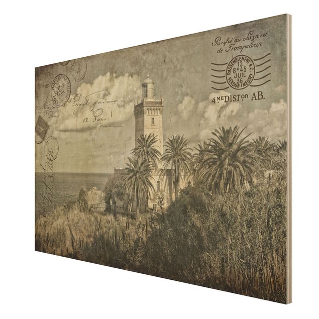 Wood prints beach Vintage Postcard With Lighthouse And Palm Trees