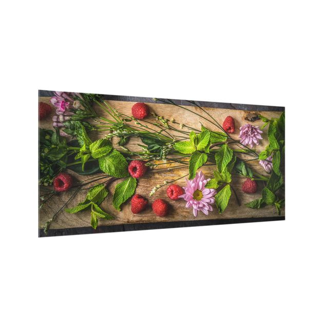Glass splashback kitchen spices and herbs Flowers Raspberry Mint