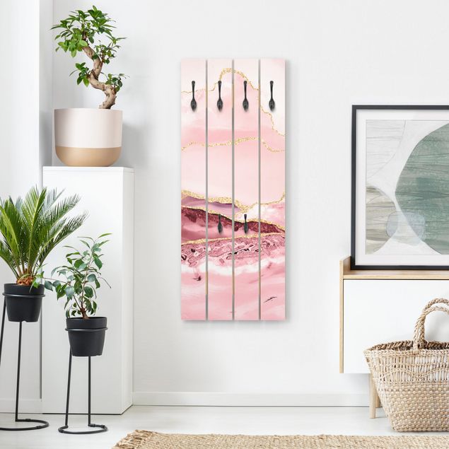 Shabby chic wall coat rack Abstract Mountains Pink With Golden Lines
