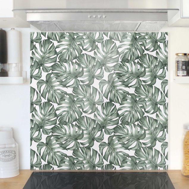 Kitchen Watercolour Monstera Leaves In Green
