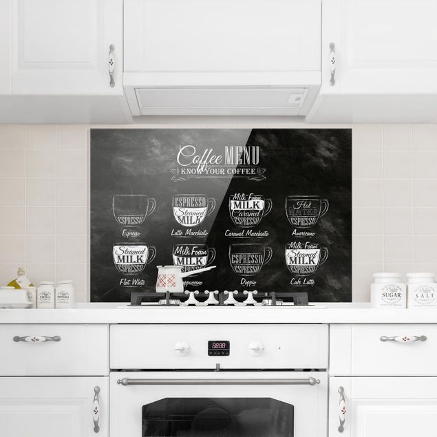Glass splashback kitchen baking and coffee Coffees chalkboard