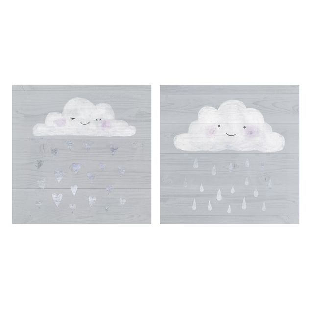 Prints Clouds With Silver Hearts And Drops Set I
