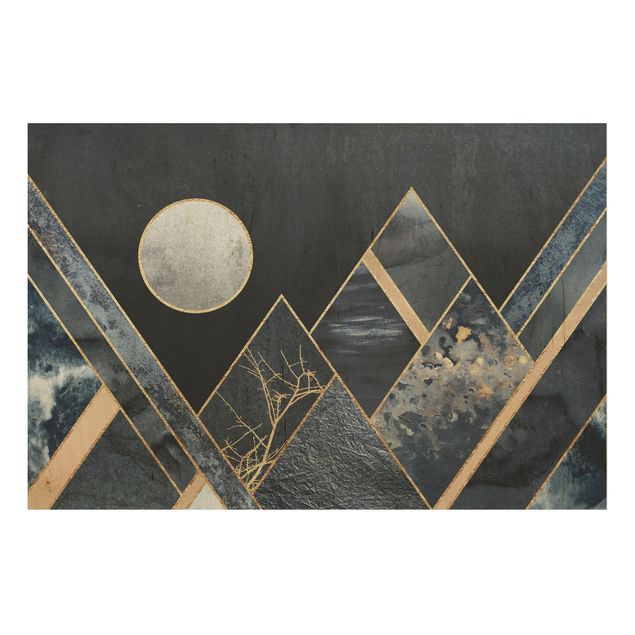 Prints Golden Moon Abstract Black Mountains