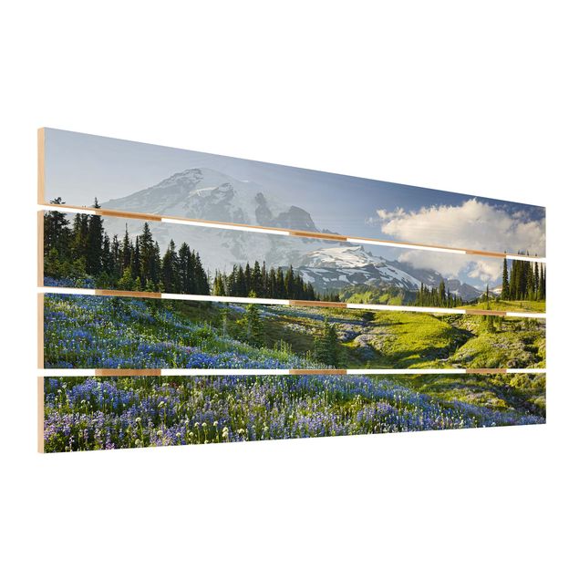 Prints Mountain Meadow With Blue Flowers in Front of Mt. Rainier