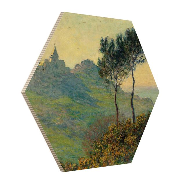 Wood prints landscape Claude Monet - The Church Of Varengeville At Evening Sun