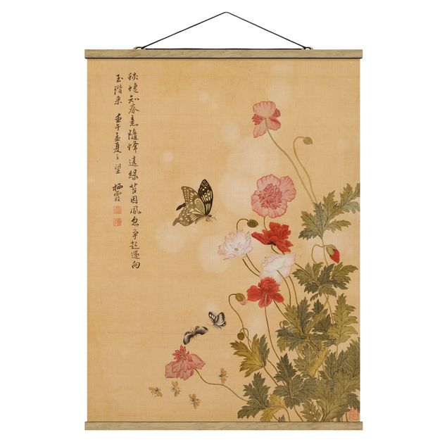 Prints poppy Yuanyu Ma - Poppy Flower And Butterfly