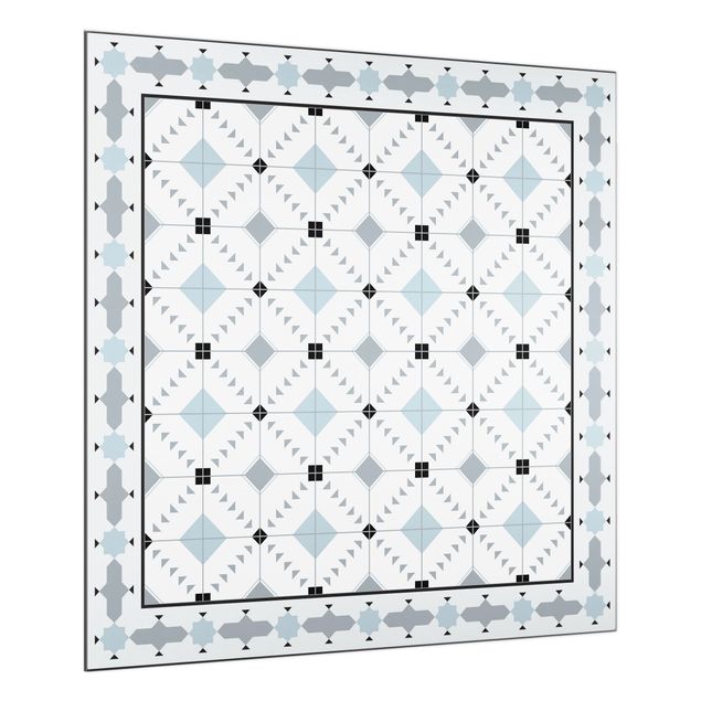 Glass splashback patterns Geometrical Tiles Ikat Blue With Border