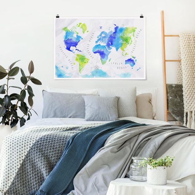 Map prints World Map Watercolour Blue Green