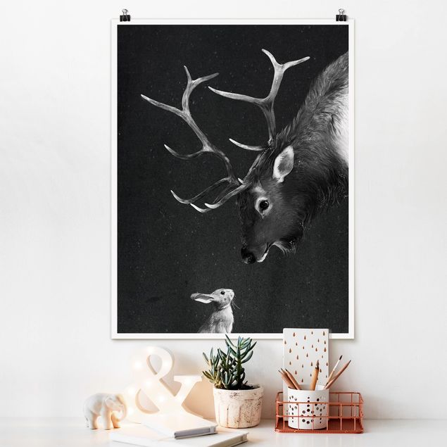 Nursery decoration Illustration Deer And Rabbit Black And White Drawing