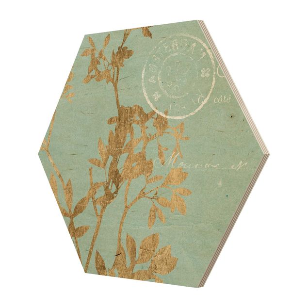 Prints on wood Golden Leaves On Turquoise I