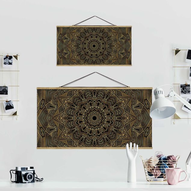 Fabric print with posters hangers Mandala Star Pattern Gold Black