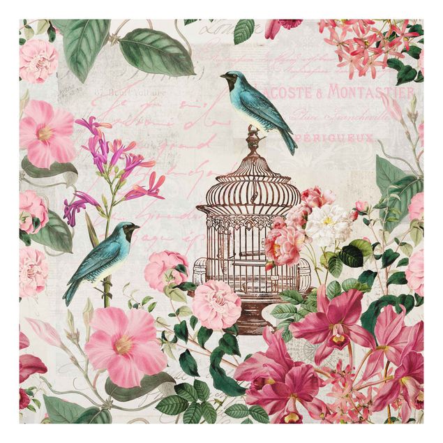 Art prints Shabby Chic Collage - Pink Flowers And Blue Birds