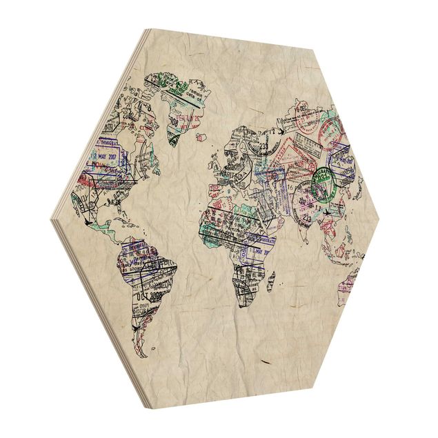 Wood photo prints Passport Stamp World Map