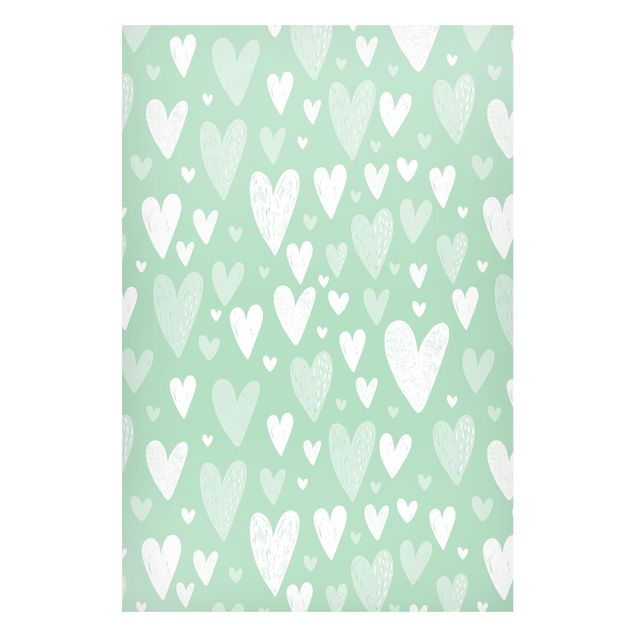 Modern art prints Small And Big Drawn White Hearts On Green