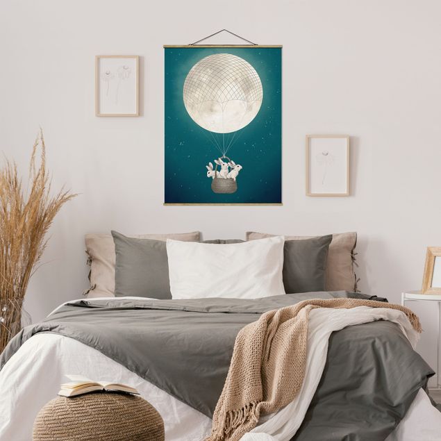 Art prints Illustration Rabbits Moon As Hot-Air Balloon Starry Sky