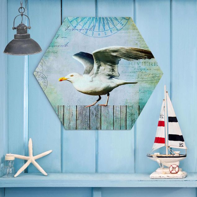 Kitchen Vintage Collage - Seagull On Wooden Planks