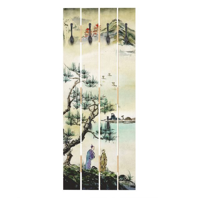 Wall mounted coat rack green Japanese Watercolour Drawing Pine And Mountain Village