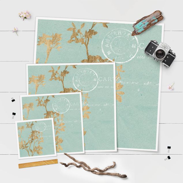 Poster print Golden Leaves On Turquoise I