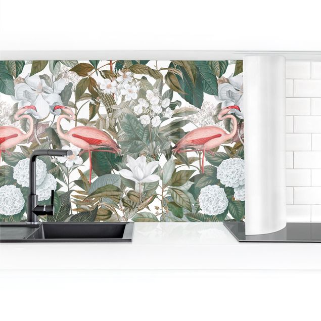 Kitchen splashback animals Pink Flamingos With Leaves And White Flowers II