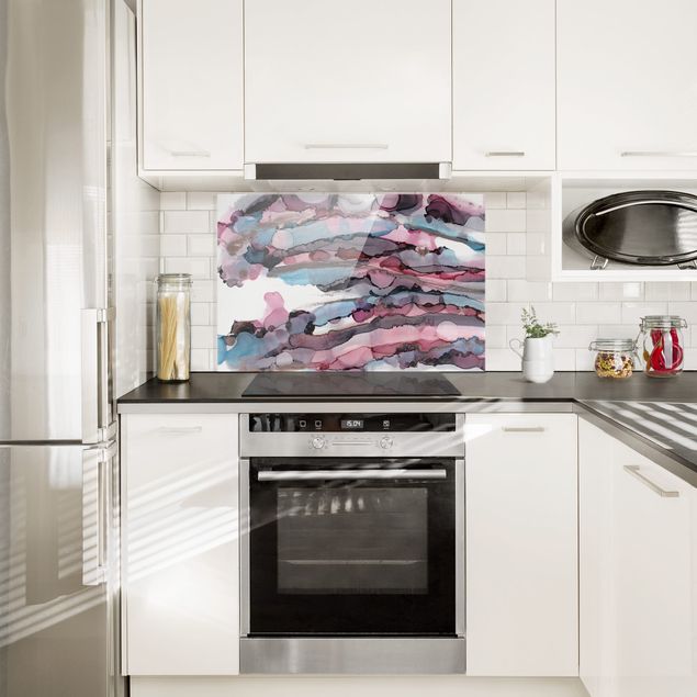 Patterned glass splashbacks Surfing Waves In Purple With Pink Gold