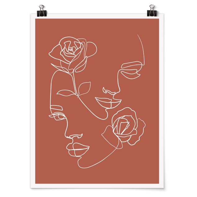 Posters art print Line Art Faces Women Roses Copper