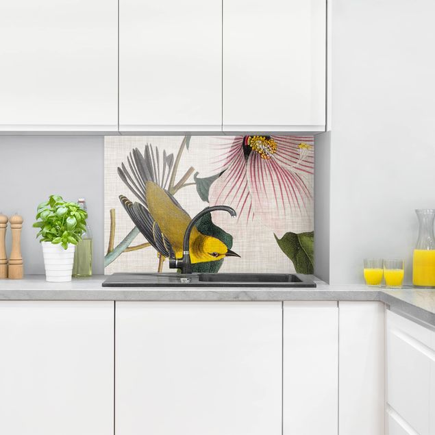 Glass splashback kitchen flower Bird On Linen Yellow I
