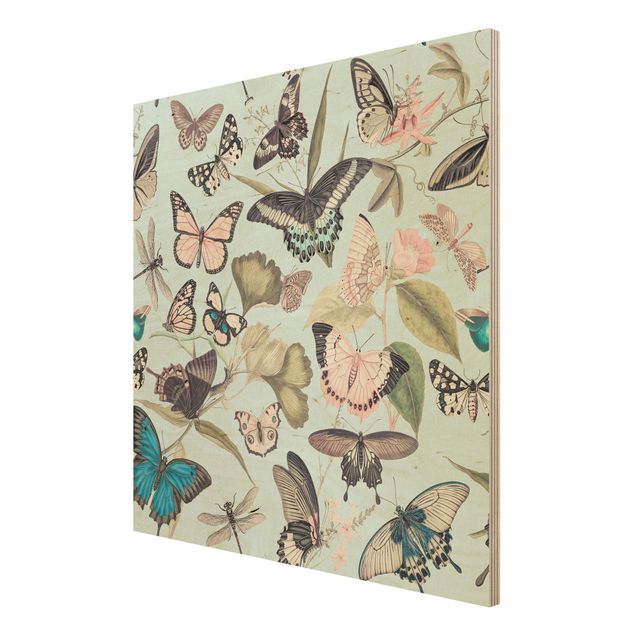Wood prints vintage Vintage Collage - Butterflies And Dragonflies