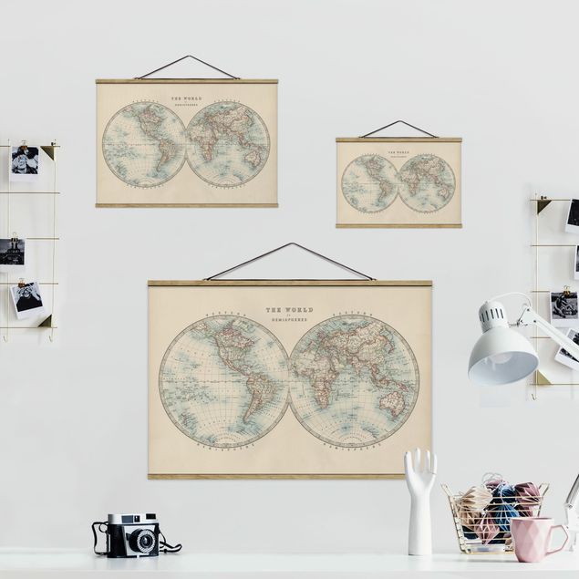 Fabric print with posters hangers Vintage World Map The Two Hemispheres