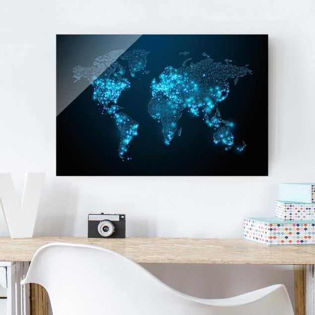 Glass prints architecture and skylines Connected World World Map